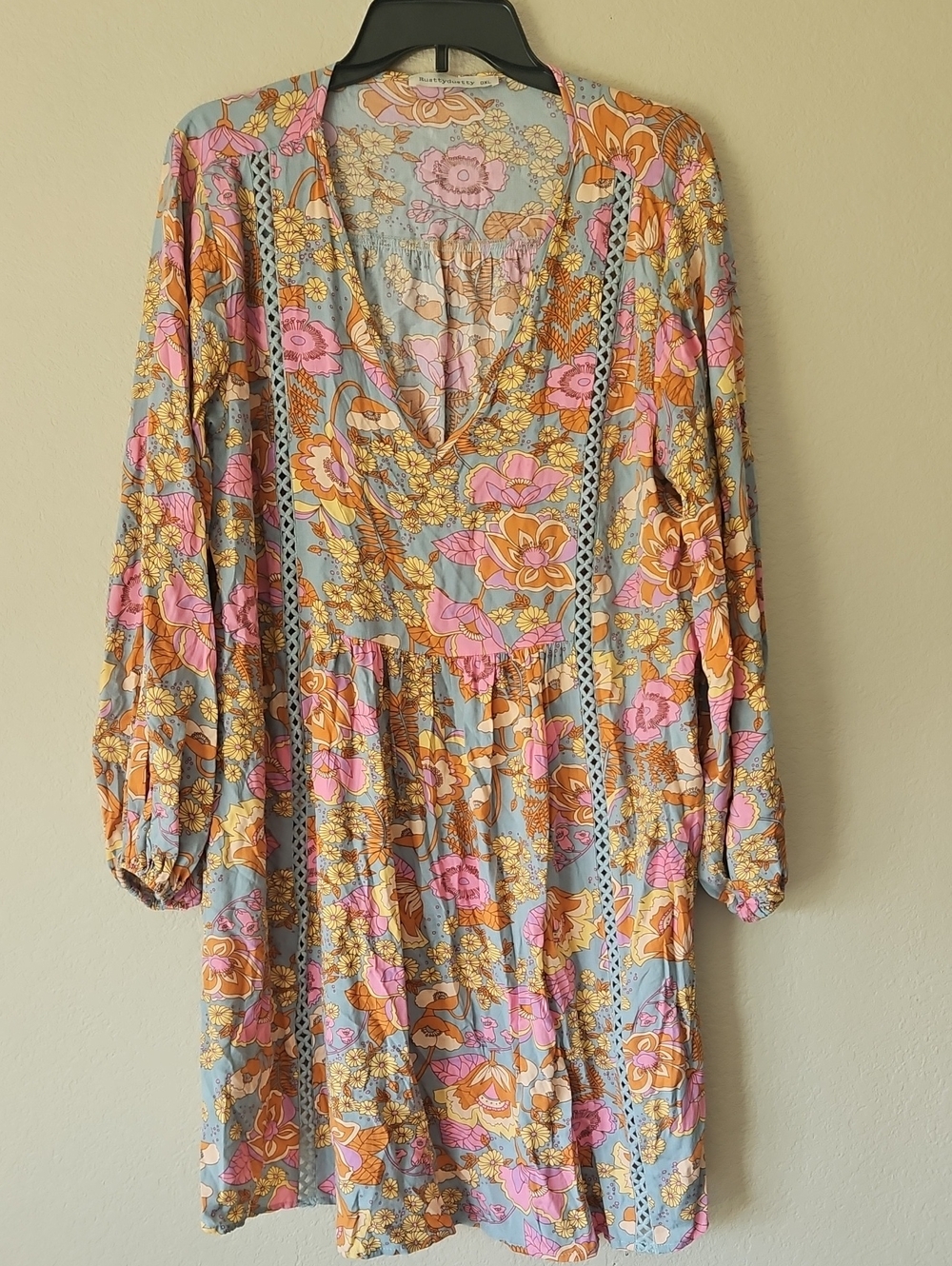 RusttyDustty Plus Size 0X Floral V-Neck Long Sleeve Mini Dress in Blue & Pink